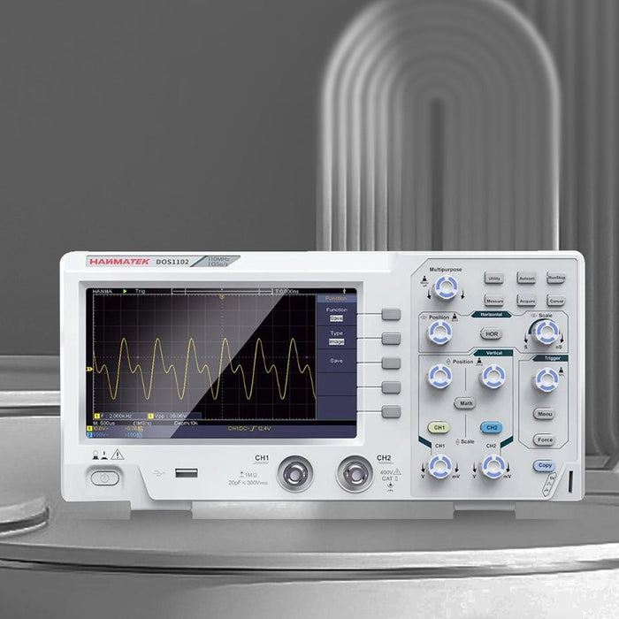 HANMATEK DOS1102 110MHz 2-Channel Digital Oscilloscope with detailed waveform display.