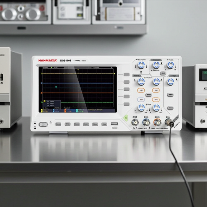 Hanmatek DOS1104 110MHz 4-channel digital oscilloscope on a laboratory bench, showing multi-signal analysis features.