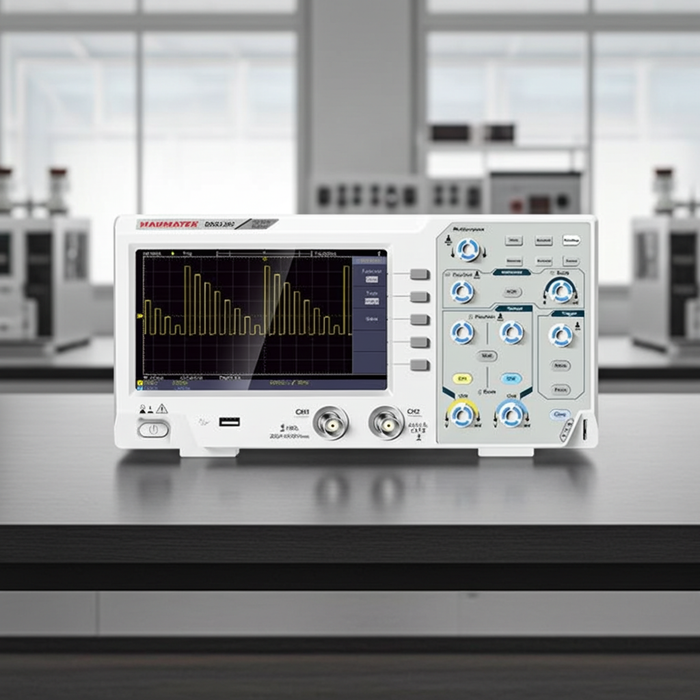 Hanmatek DOS1202 200MHz 2-channel digital oscilloscope displaying waveform on screen in a lab setting.