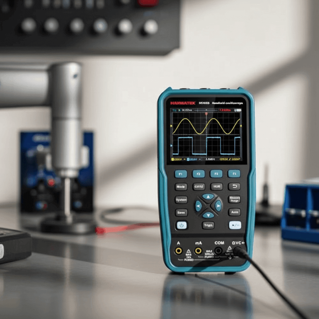 Oscilloscope display with waveforms on a laboratory workbench used for electrical measurements.