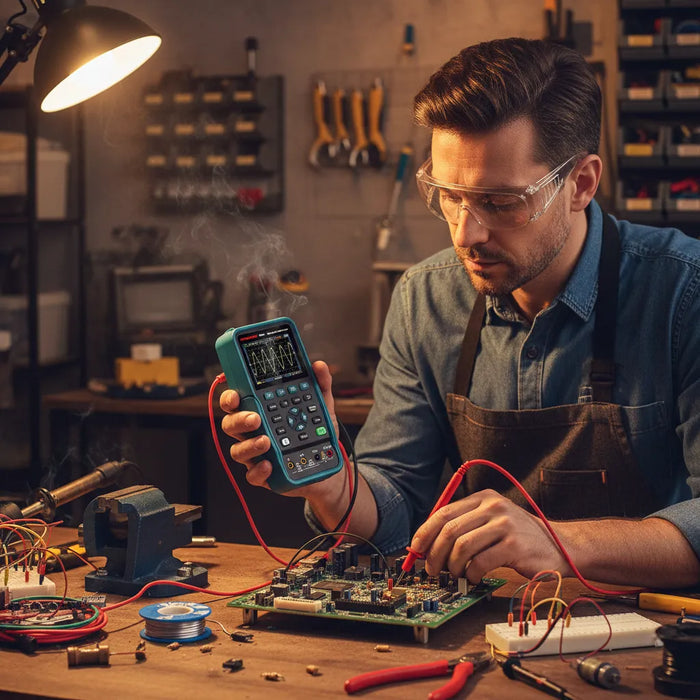 A technician using an oscilloscope to analyze a circuit board in a workshop setting.