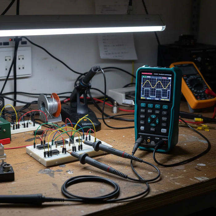 Oscilloscope alternative setup with circuits and test leads on a workbench.