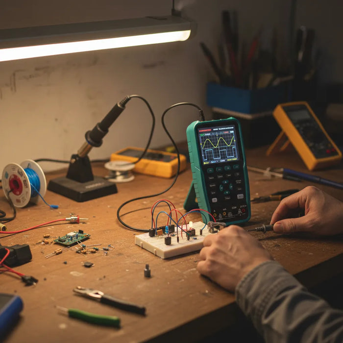 Portable Oscilloscopes being used on a workbench with various electronic components and tools.
