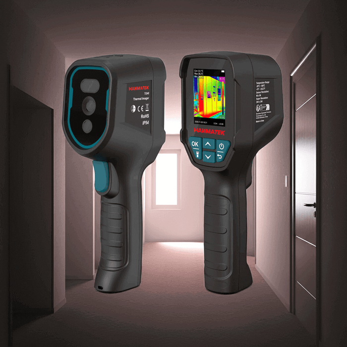 Thermal imaging camera for circuit breaker maintenance, Hanmatek TI240 model in a hallway setting.