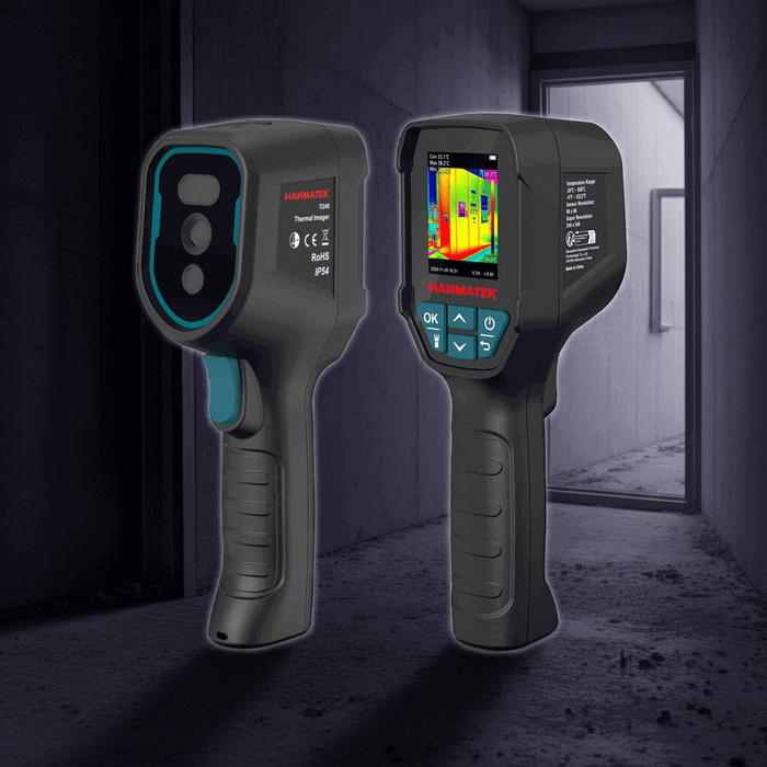 Hanmatek TI240 thermal imaging camera showcasing its features in an electrical panel safety environment.