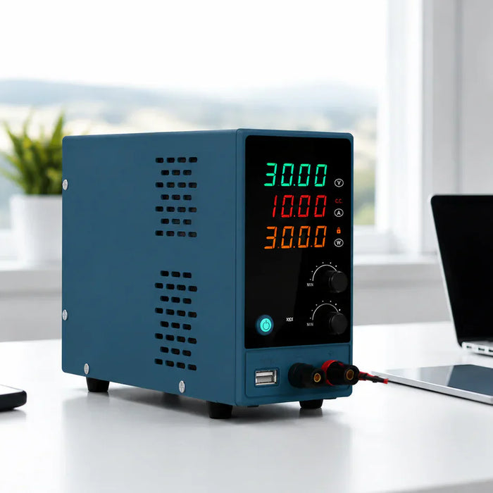 HANMATEK HM310 power supply on a workspace with electronic devices and cameras
