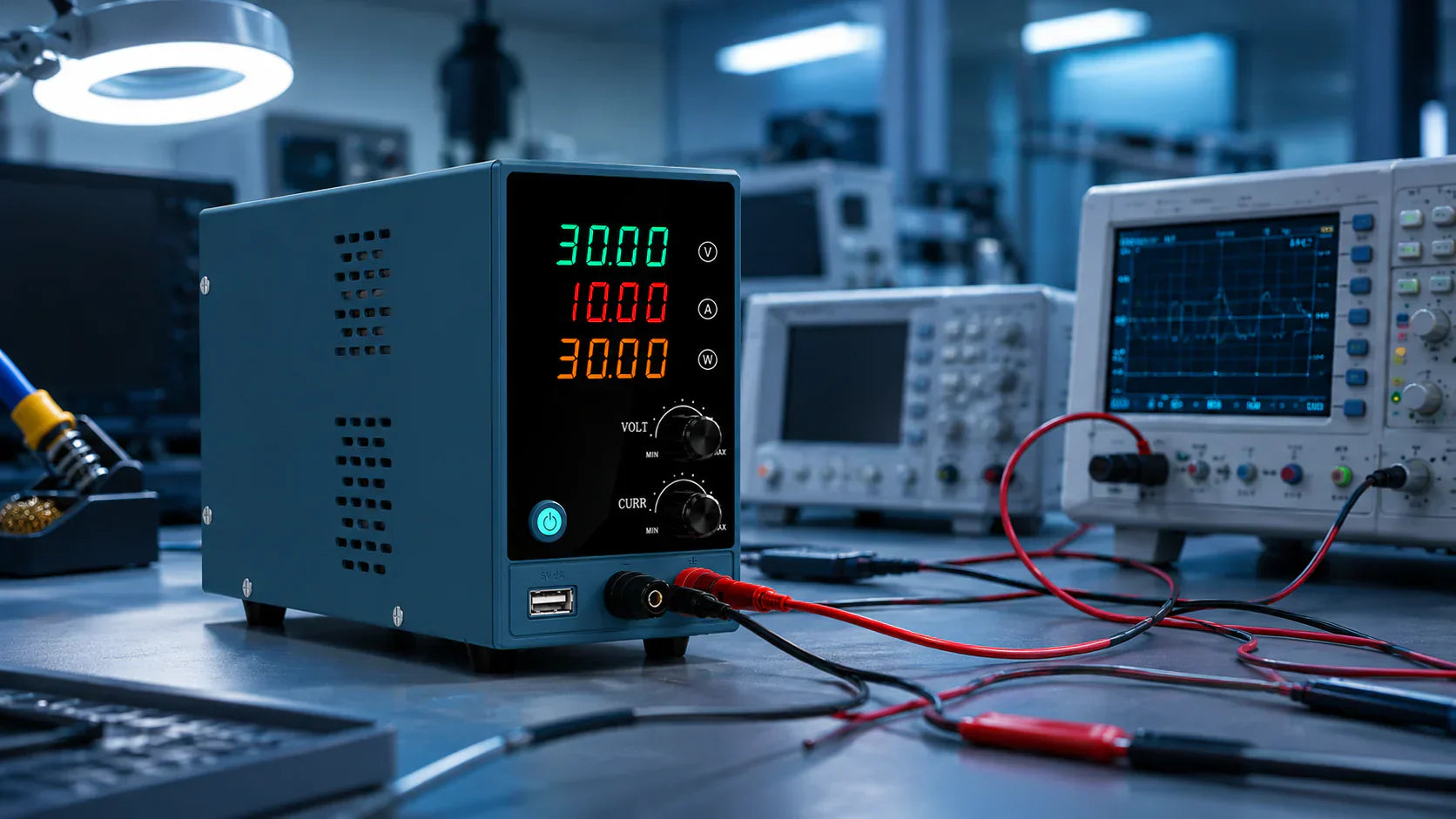 DC Power Supply on a workstation with digital display, used for electronics testing and repair.