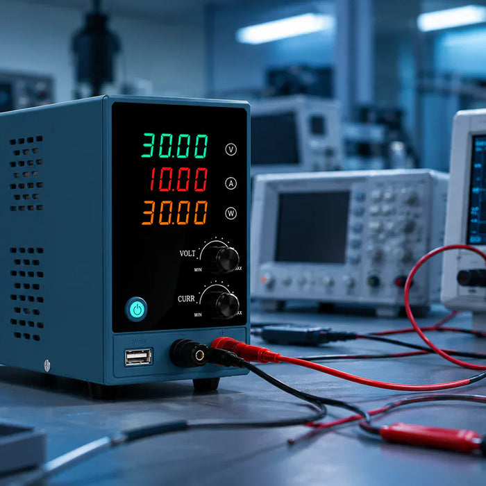 DC Power Supply on a workstation with digital display, used for electronics testing and repair.