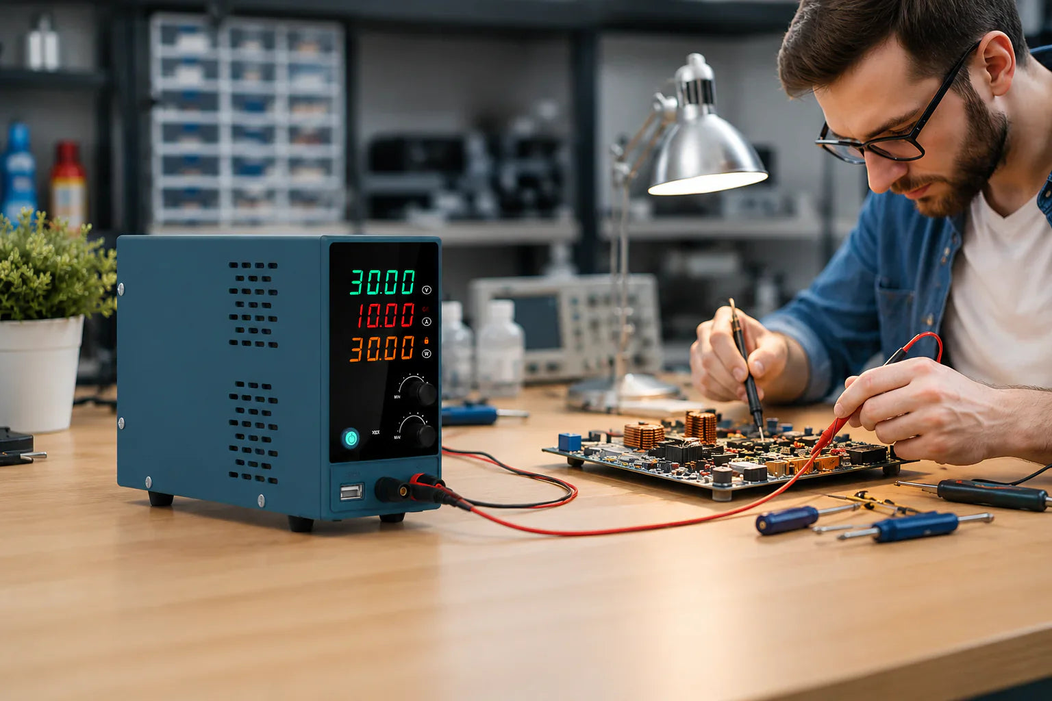 Beginner using a DC Power Supply for electronic projects at a workbench with tools and circuit board.
