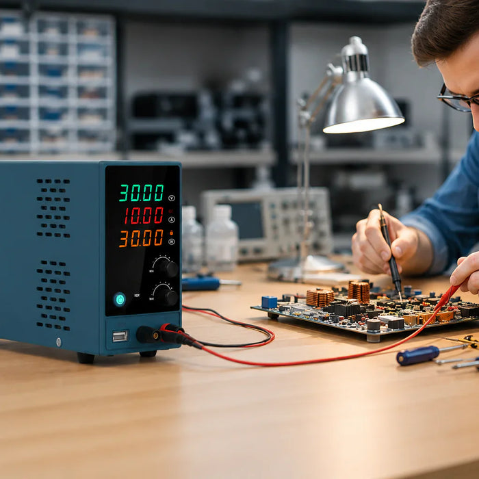 Beginner using a DC Power Supply for electronic projects at a workbench with tools and circuit board.