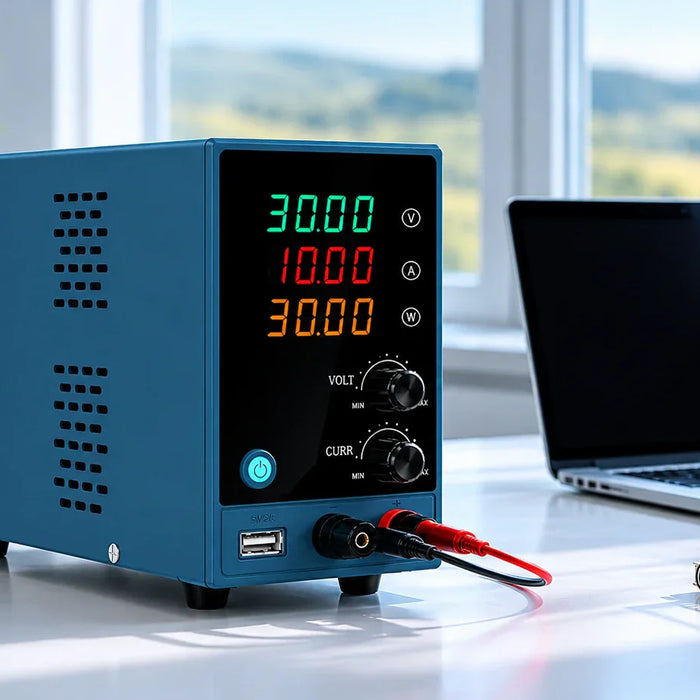 DC power supply unit on desk with laptop and camera, showcasing current limiting features for safe operation.