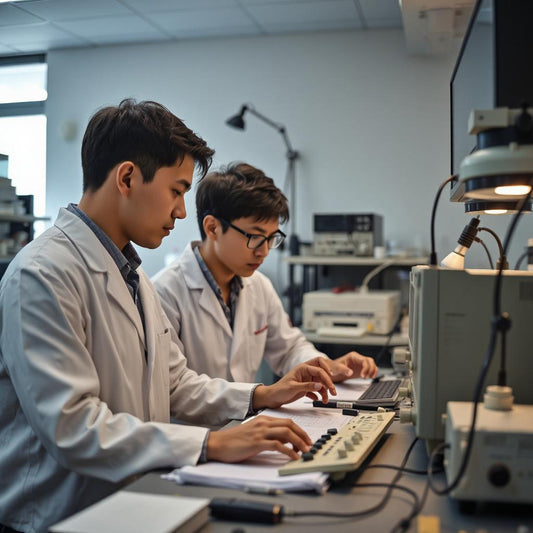 Lab technicians using desktop oscilloscopes and test equipment in a laboratory setting