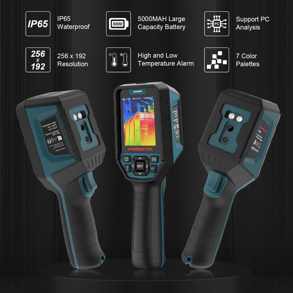 Three handheld thermal cameras with LCD screens, IP65 waterproof, 256x192 resolution.