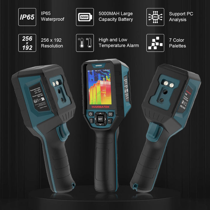 Three handheld thermal cameras with LCD screens, IP65 waterproof, 256x192 resolution.