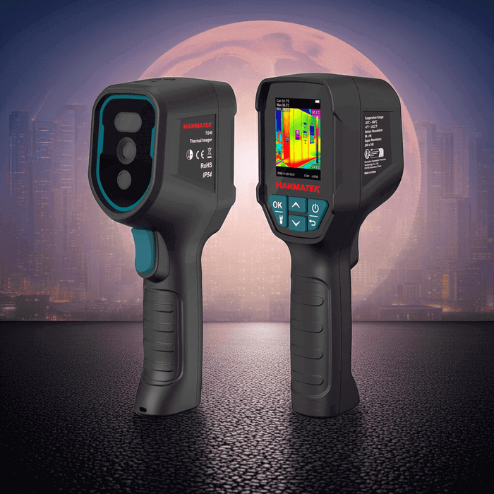 Hanmatek TI240 vs TI260 thermal cameras displayed against a city skyline backdrop.