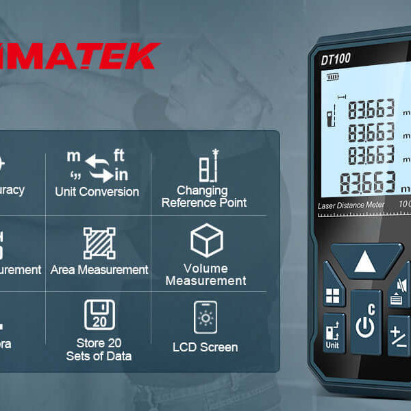 Digital laser distance meter DT100 with LCD screen, measurement feature icons and metrics displayed