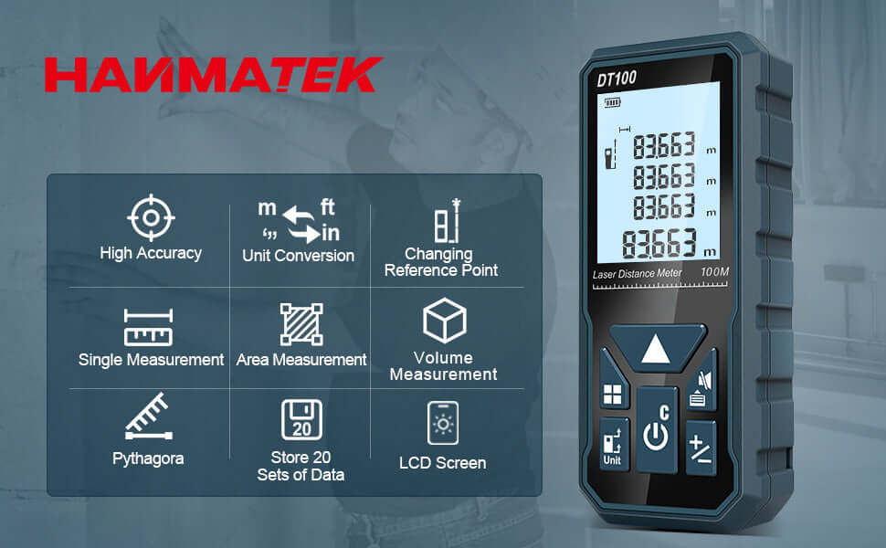 Digital laser distance meter DT100 with LCD screen, measurement feature icons and metrics displayed