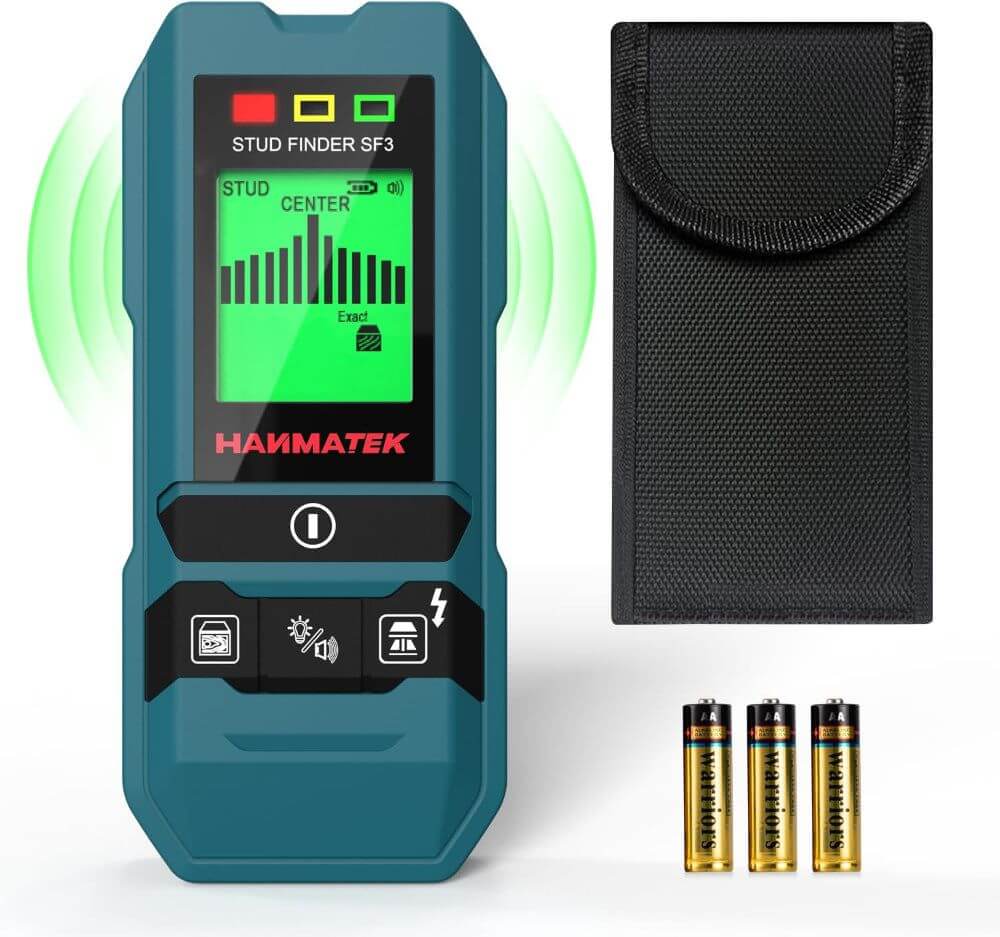 Digital wall scanner stud finder with display, carrying pouch, and three AA batteries.