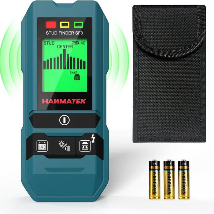 Digital wall scanner stud finder with display, carrying pouch, and three AA batteries.