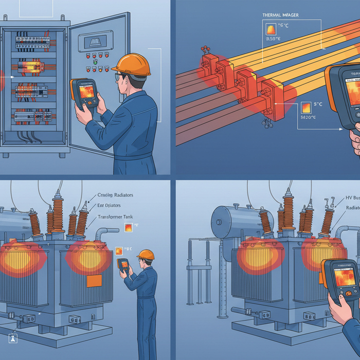 Technician using thermal imager examining TI240 applications in distribution cabinets, busbars, and transformers.