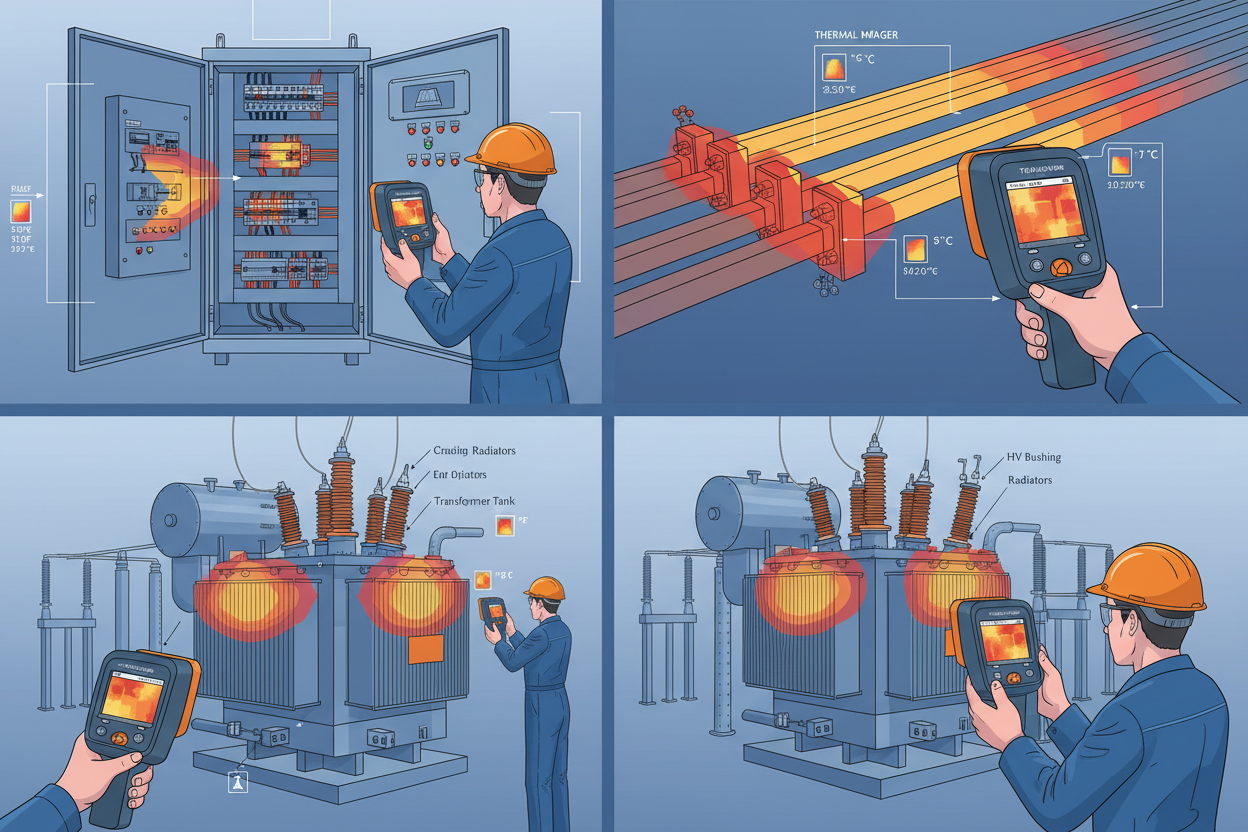 Technician using thermal imager examining TI240 applications in distribution cabinets, busbars, and transformers.