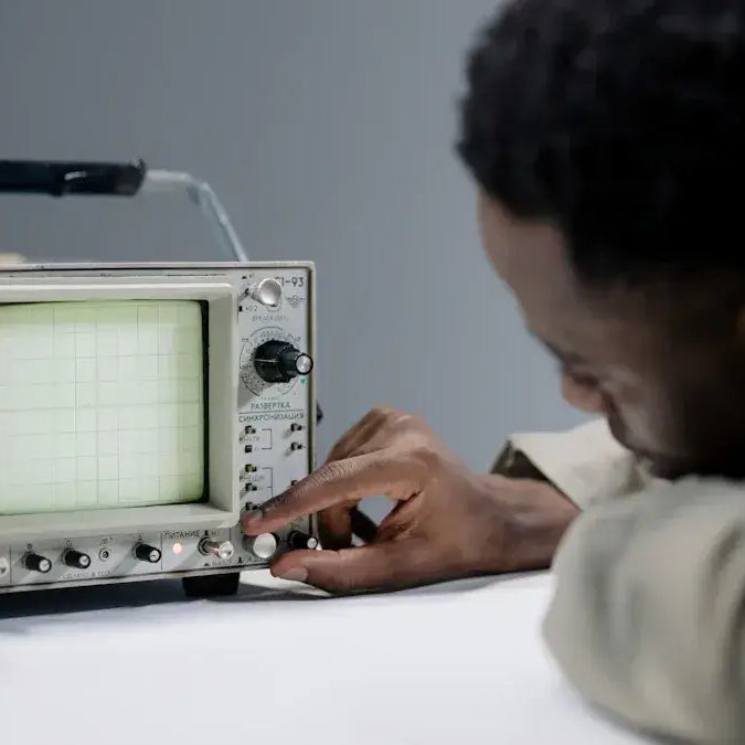 Person adjusting controls on analog oscilloscope, test and measurement instrument