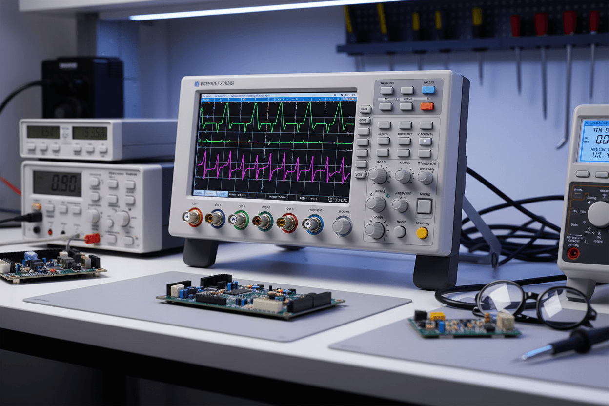 Best Benchtop Oscilloscope displayed on a lab table with electronic components and testing equipment.