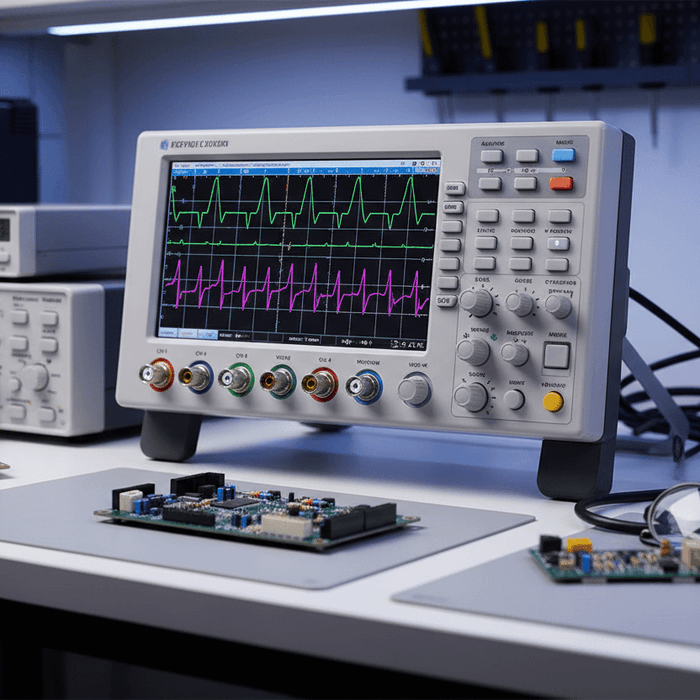 Best Benchtop Oscilloscope displayed on a lab table with electronic components and testing equipment.