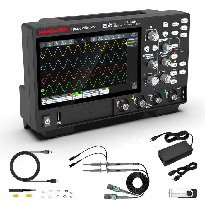 Hanmatek AHO814 digital oscilloscope with probes and accessories for education and R&D labs.