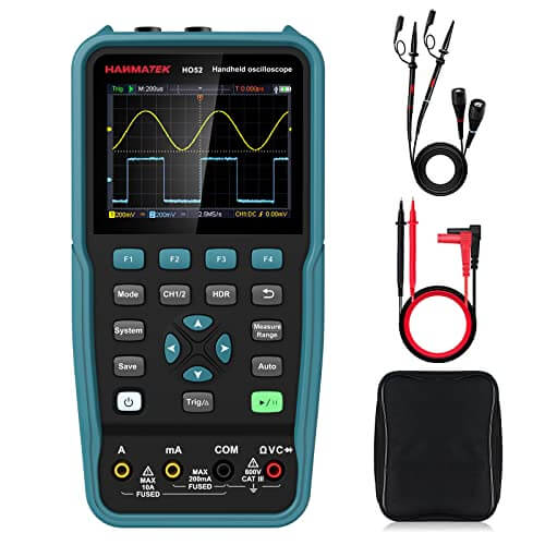 Handheld digital oscilloscope with color screen, test leads, and carry case displayed