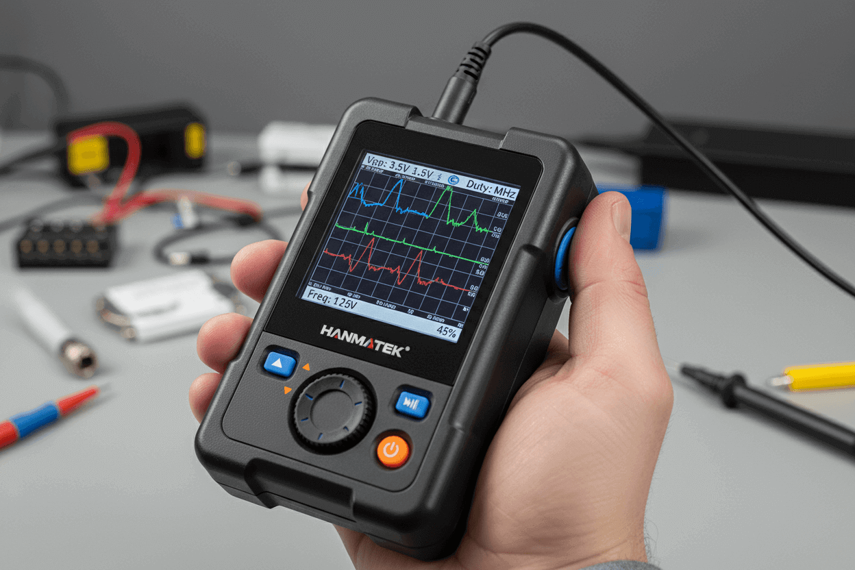 Hand holding handheld digital oscilloscope with waveform display, test equipment in background