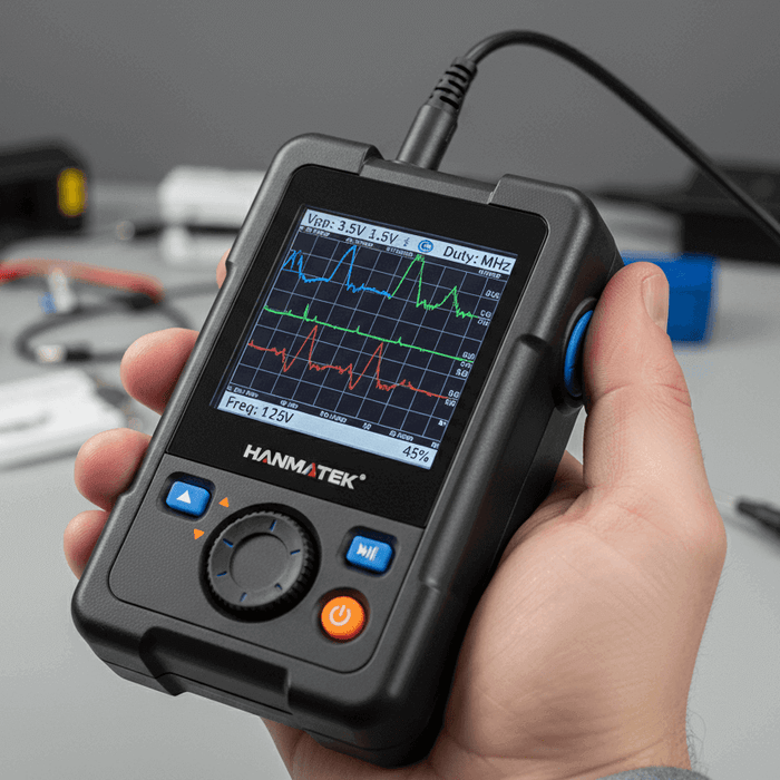 Hand holding handheld digital oscilloscope with waveform display, test equipment in background