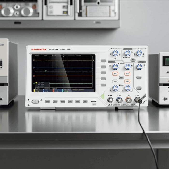 Digital oscilloscope on a lab bench displaying waveform signals, test equipment visible