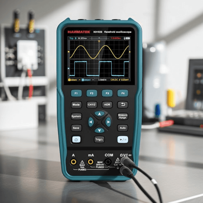 Handheld digital oscilloscope with waveform display on a lab bench, connected with test leads.