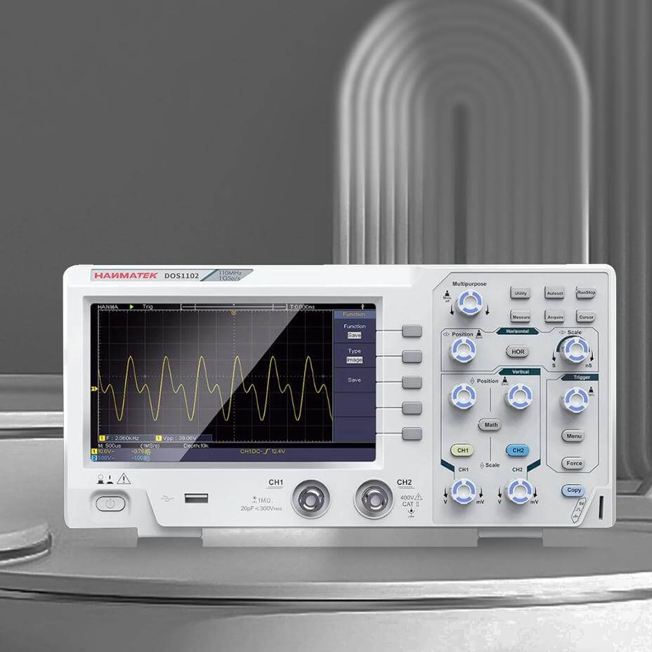 Digital oscilloscope with waveform display and control knobs, test and measurement equipment