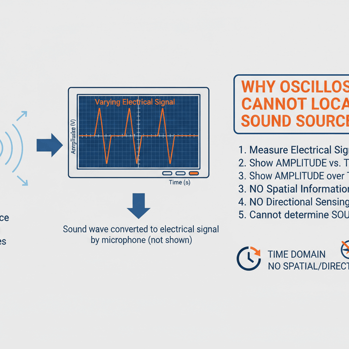 Diagram explaining why oscilloscopes cannot locate sound sources, showing a speaker emitting waves, conversion of sound to electrical signals, oscilloscope time-domain display, and a list of limitations such as no spatial or directional sensing.
