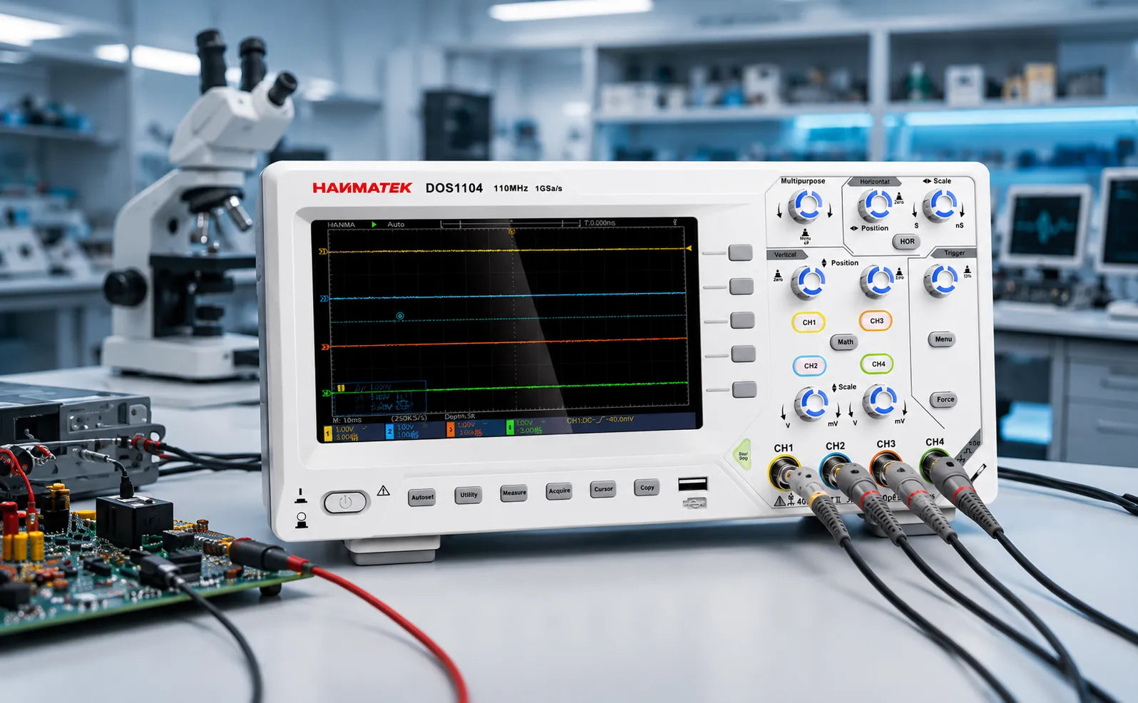 Hamamatek oscilloscope with waveform display, essential for accurate waveform analysis and 1GS/s sample rate.
