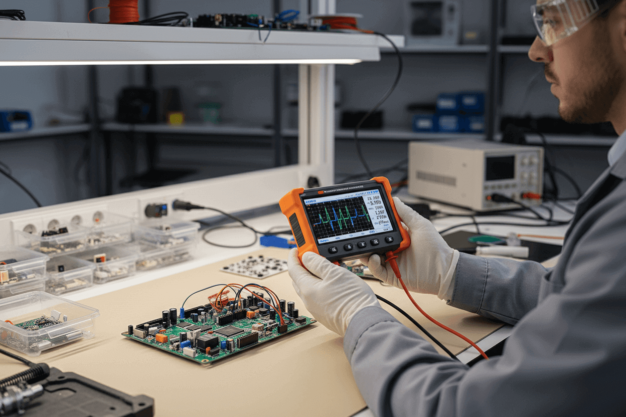 Engineer using handheld oscilloscope multimeter combo to test electronic circuit board in lab