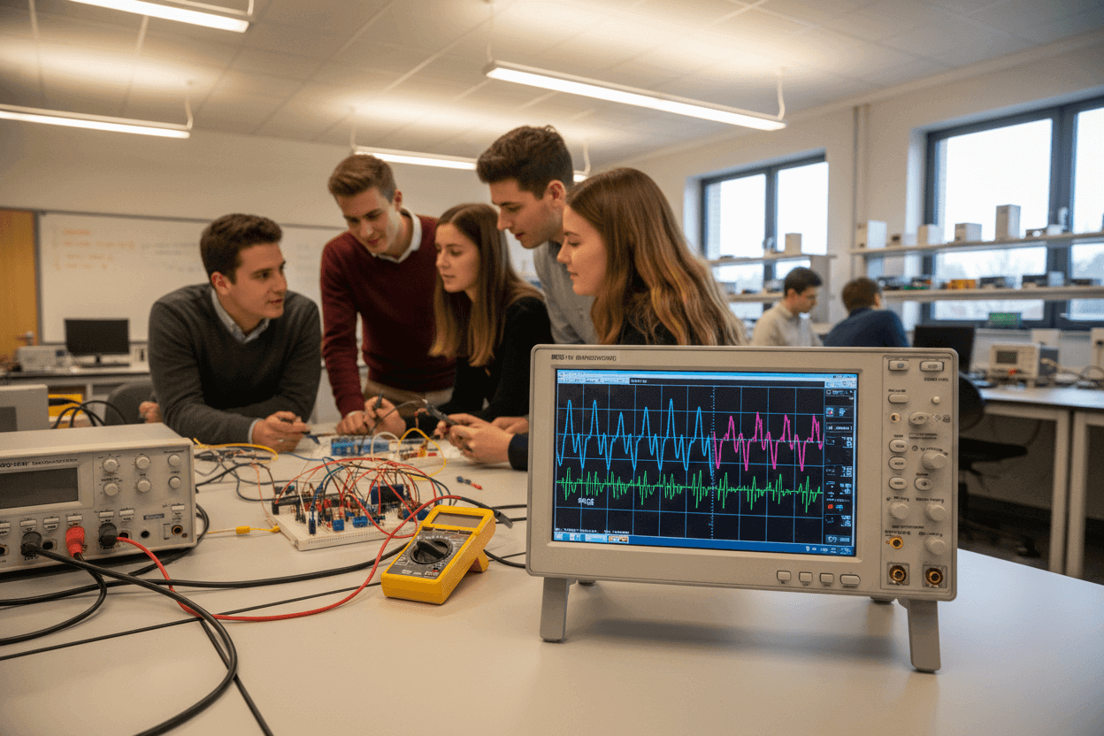 Students using benchtop oscilloscope and electronics tools in an engineering lab
