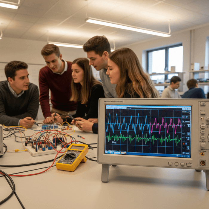 Students using benchtop oscilloscope and electronics tools in an engineering lab
