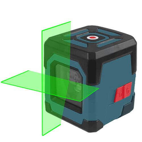 Self-leveling laser level tool with green cross-line beam, blue and black casing, power button