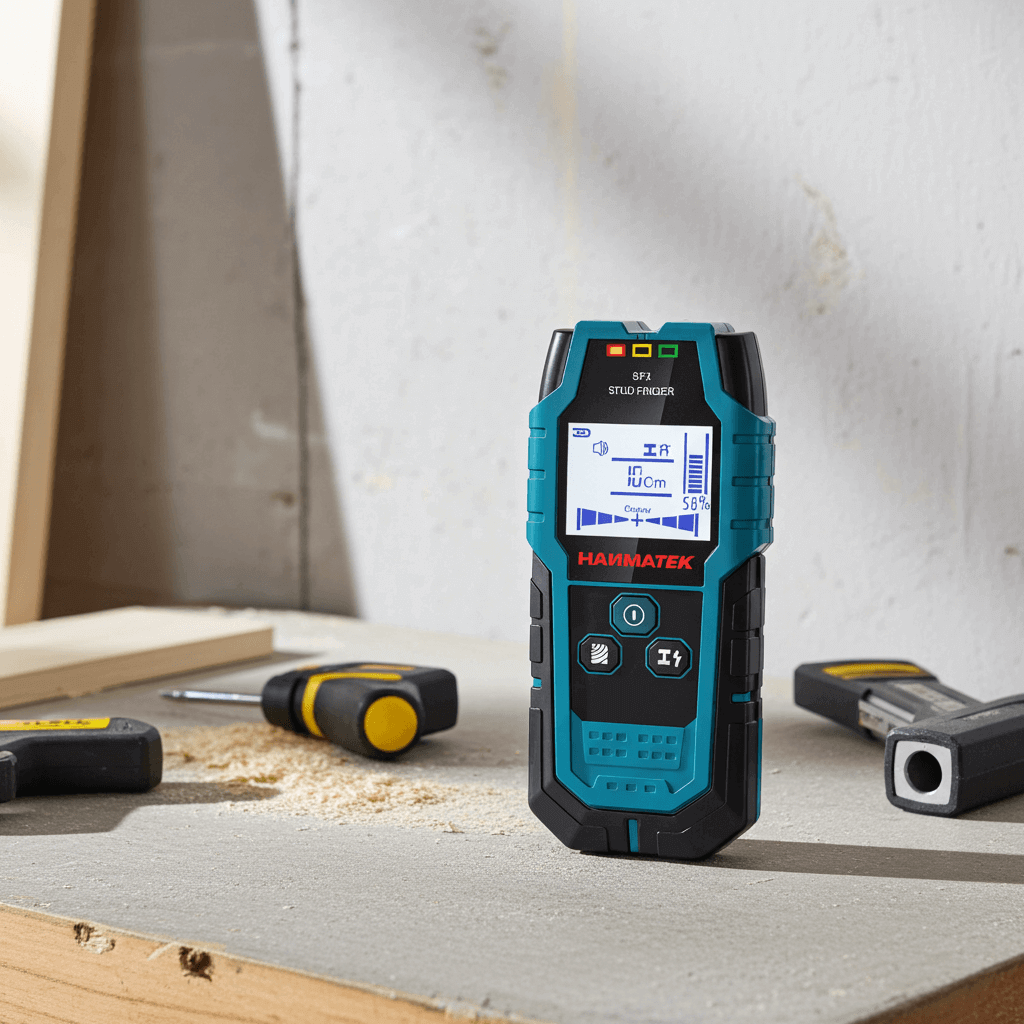 Digital stud finder with LCD display on a workbench, surrounded by hand tools and wood dust