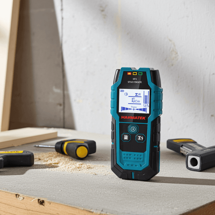 Digital stud finder with LCD display on a workbench, surrounded by hand tools and wood dust