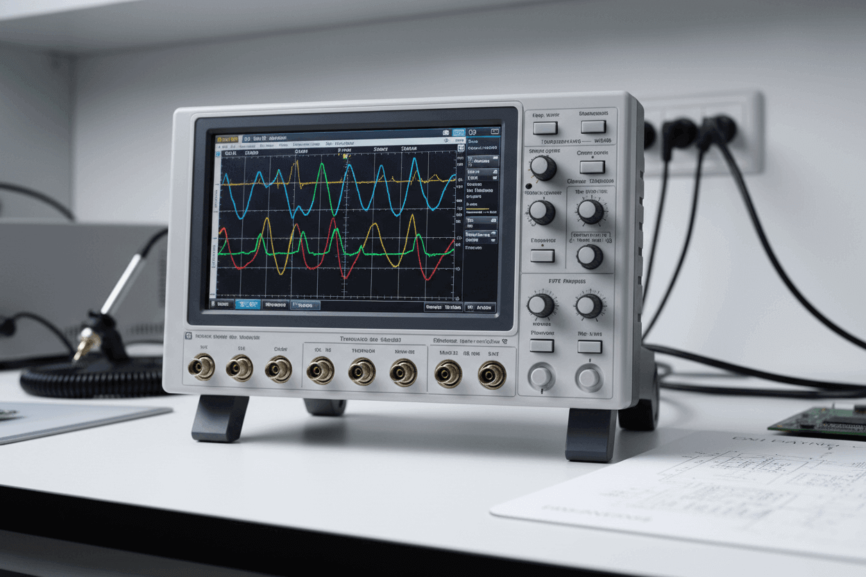 Multi-channel benchtop oscilloscope displaying waveforms on lab workstation