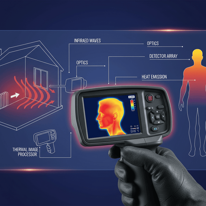 Hanmatek Thermal Imaging illustration showing how thermal imaging works with handheld infrared camera features and heat emission.