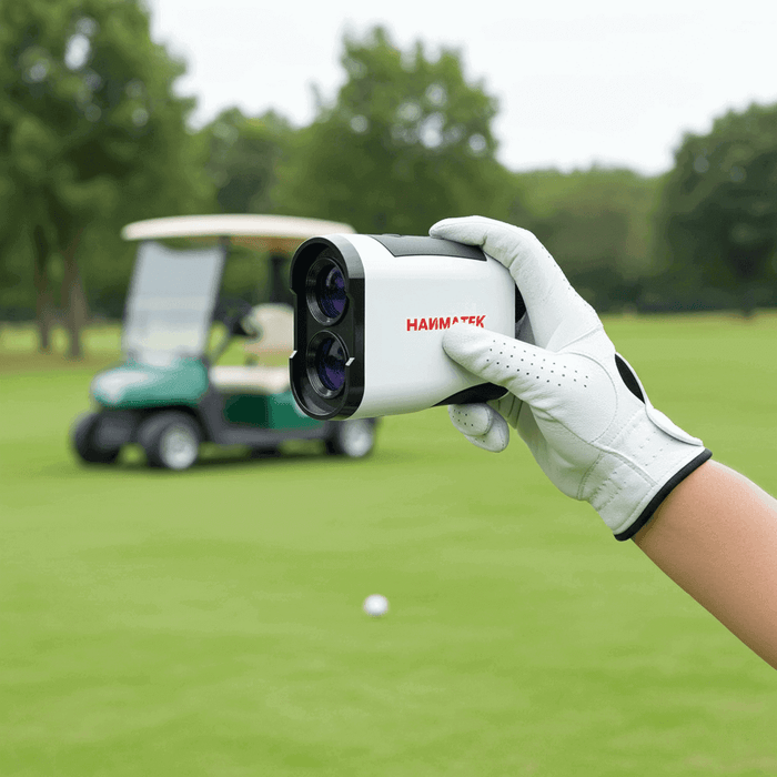 Golf rangefinder held by gloved hand on golf course with cart in background
