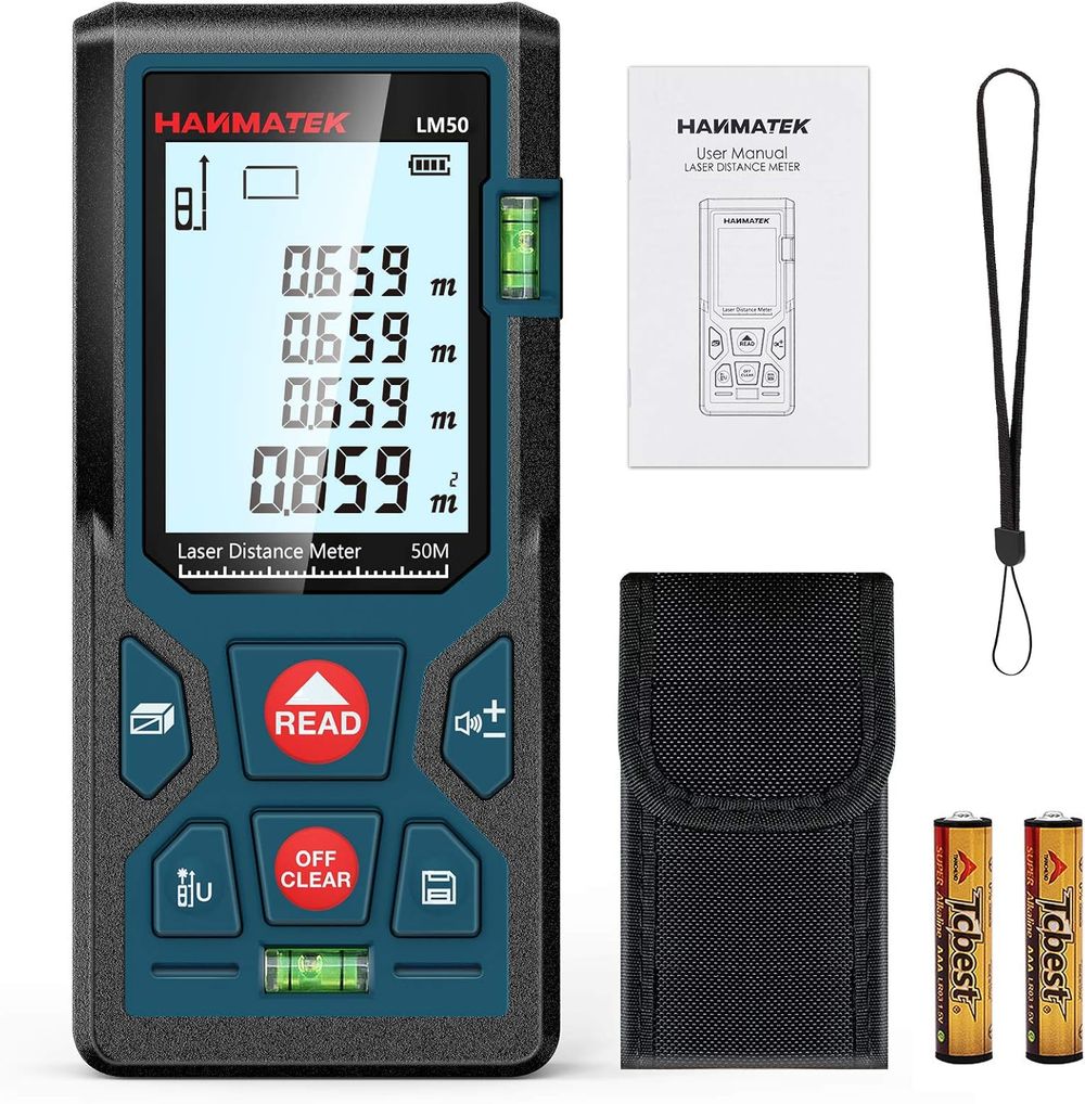 Laser distance meter 50m with LCD display, case, batteries, wrist strap, and user manual.