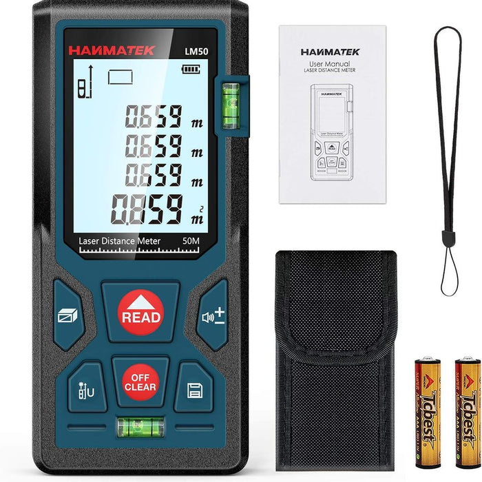 Laser distance meter 50m with LCD display, case, batteries, wrist strap, and user manual.