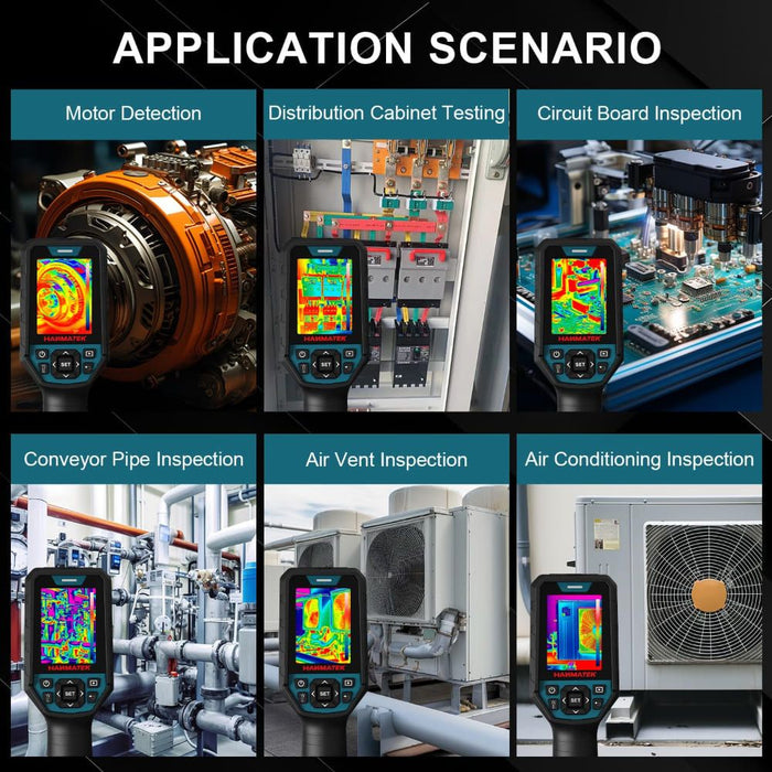 Various applications of the Hanmatek TI260 thermal camera including motor detection and circuit board inspection.