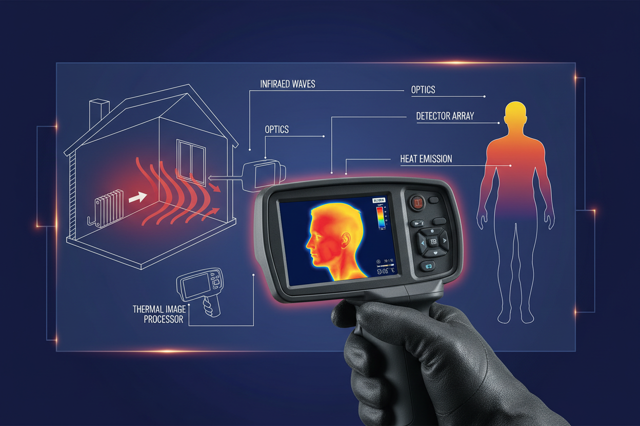 Hanmatek Thermal Imaging illustration showing how thermal imaging works with handheld infrared camera features and heat emission.